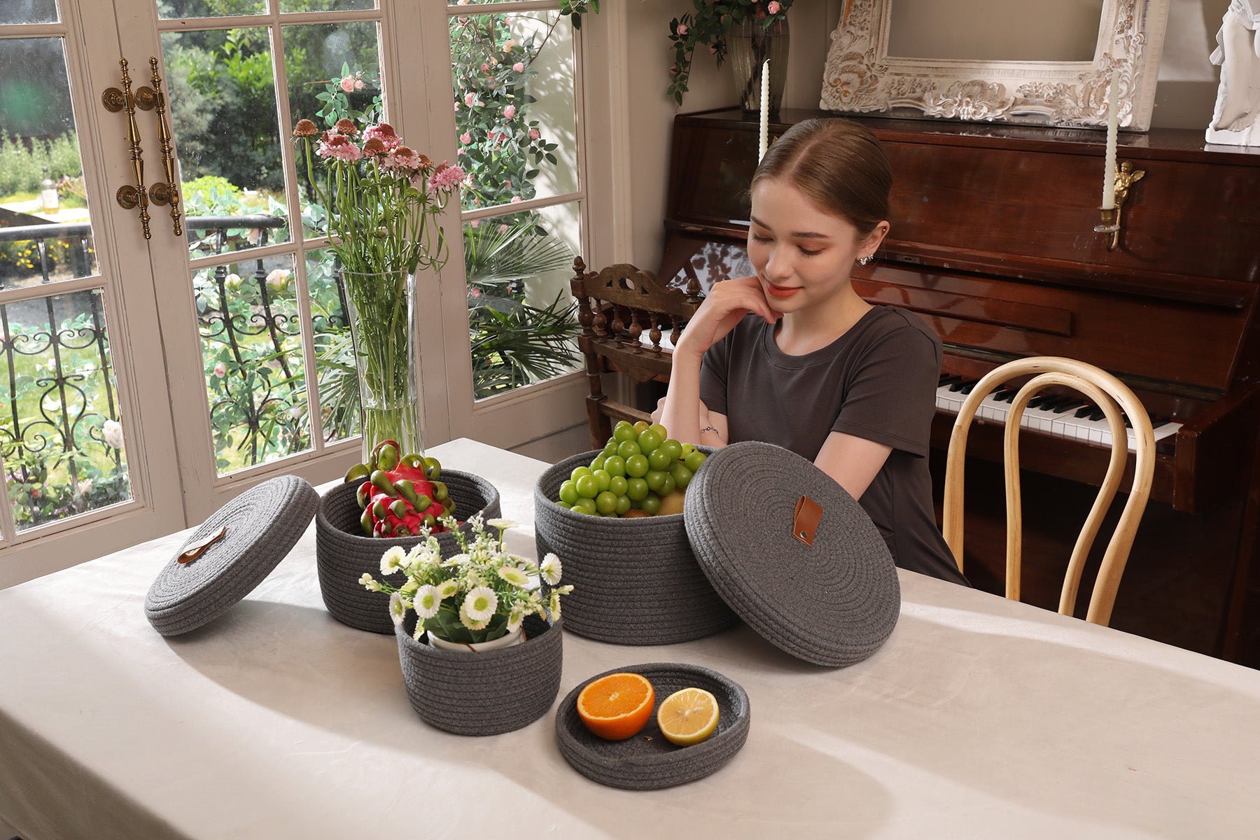 Set of 3 Round Cotton Rope Baskets with Lids - for Home Decor and Organisation, Dark Grey