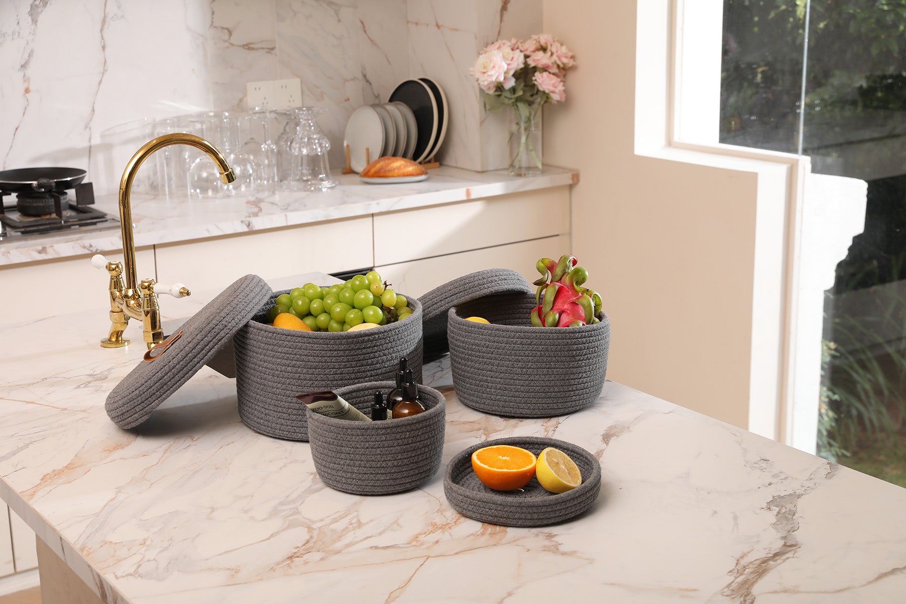 Set of 3 Round Cotton Rope Baskets with Lids - for Home Decor and Organisation, Dark Grey
