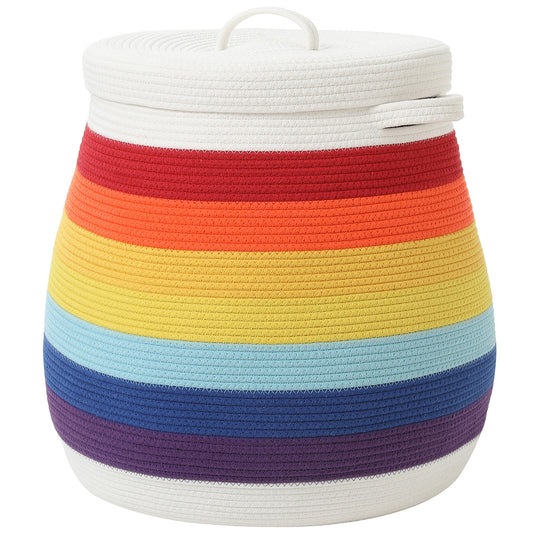 20" x 20" Extra Large Cotton Rope Storage Basket with Lid – Flagon Design – Perfect for Clothes, Blankets, and Living Room Organization - Rainbow/White
