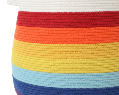 20" x 20" Extra Large Cotton Rope Storage Basket with Lid – Flagon Design – Perfect for Clothes, Blankets, and Living Room Organization - Rainbow/White
