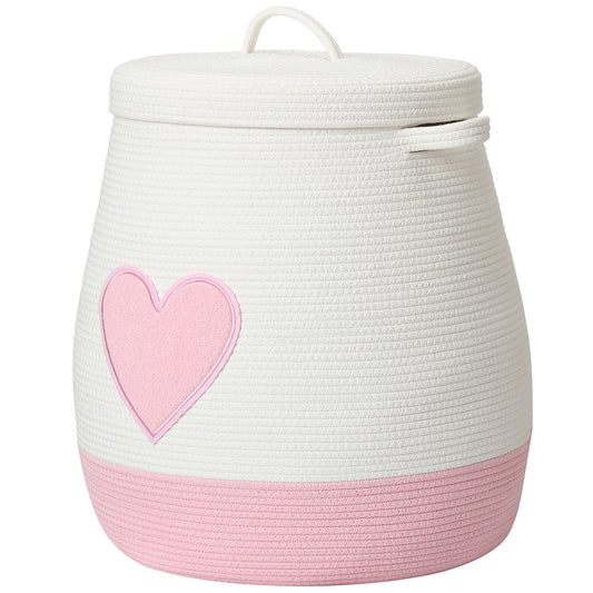 20" x 20" Extra Large Cotton Rope Storage Basket with Lid – Flagon Design – Perfect for Clothes, Blankets, and Living Room Organization - Pink Heart
