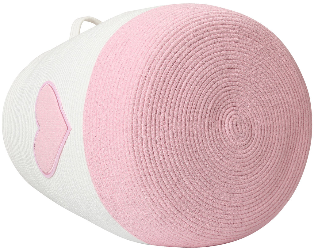 20" x 20" Extra Large Cotton Rope Storage Basket with Lid – Flagon Design – Perfect for Clothes, Blankets, and Living Room Organization - Pink Heart