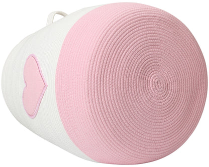 20" x 20" Extra Large Cotton Rope Storage Basket with Lid – Flagon Design – Perfect for Clothes, Blankets, and Living Room Organization - Pink Heart