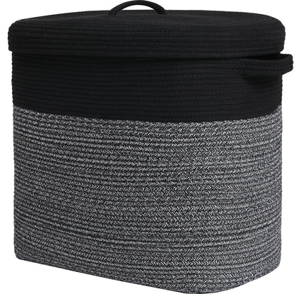 22”x14”x18” Rectangular Large Cotton Rope Storage Basket with Lid, Black in Black Grey Mix