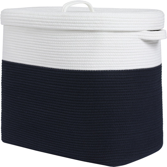 22”x14”x18” Rectangular Large Cotton Rope Storage Basket with Lid, Dark Blue/Beige Line