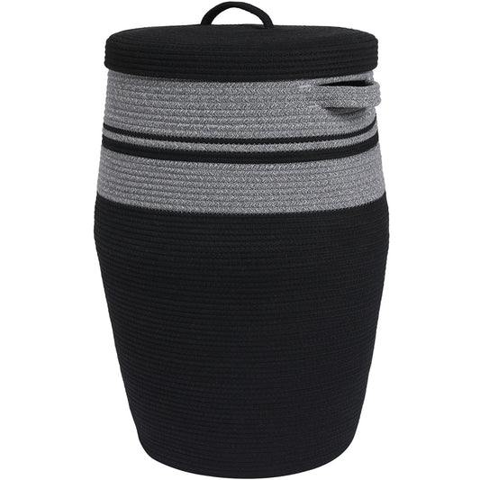 26" x 20" Large Tall Flagon Cotton Rope Storage Basket with Lid, Grey Mix/Black