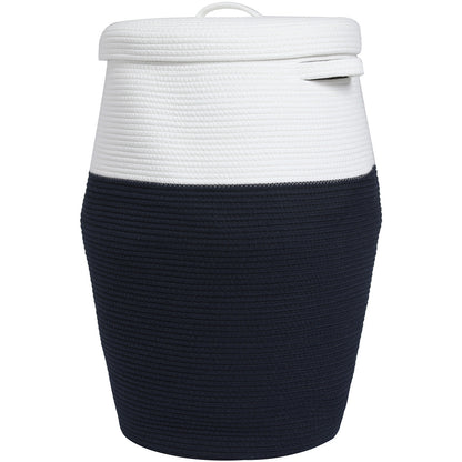 26" x 20" Large Tall Flagon Cotton Rope Storage Basket with Lid, Dark Blue/Beige Line