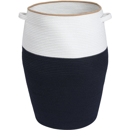 26" x 20" Large Tall Flagon Cotton Rope Storage Basket with Lid, Dark Blue/Beige Line