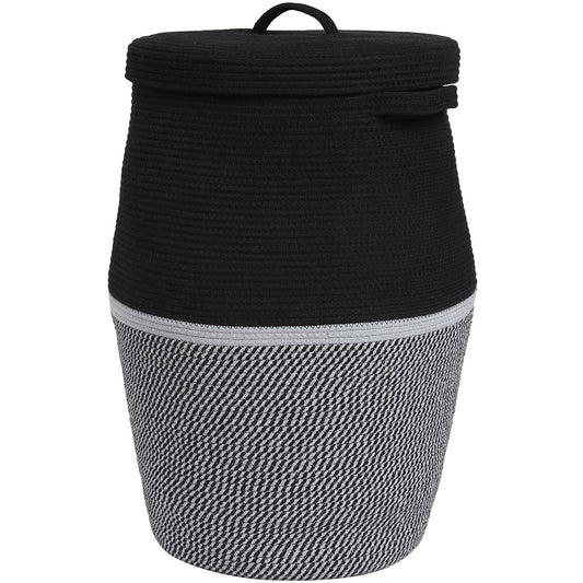 26" x 20" Large Tall Flagon Cotton Rope Storage Basket with Lid, Two Sides Black/Black Mix