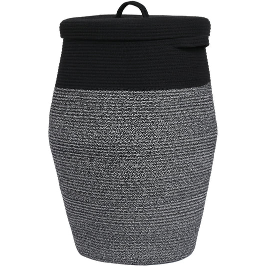 26" x 20" Large Tall Flagon Cotton Rope Storage Basket with Lid, Black in Black Light Grey Mix