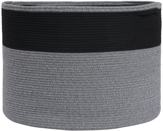 24" x 24" x 17" Mega Size Cotton Rope Storage Basket, Black in Grey Mix