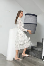 26" x 20" Large Tall Flagon Cotton Rope Storage Basket with Lid, Two Sides Dark Blue Mix