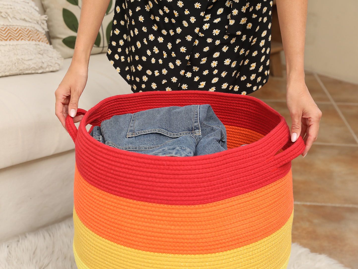 26" x 20" Large Tall Flagon Cotton Rope Storage Basket with Lid, Rainbow