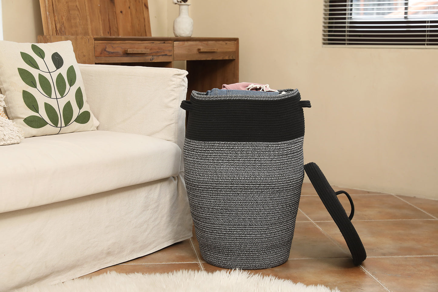 26" x 20" Large Tall Flagon Cotton Rope Storage Basket with Lid, Black in Black Light Grey Mix