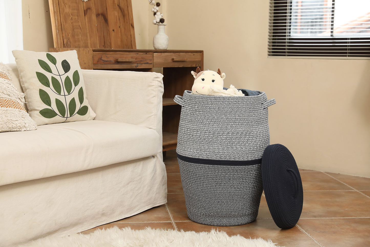 26" x 20" Large Tall Flagon Cotton Rope Storage Basket with Lid, Two Sides Dark Blue Mix