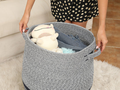 26" x 20" Large Tall Flagon Cotton Rope Storage Basket with Lid, Two Sides Dark Blue Mix