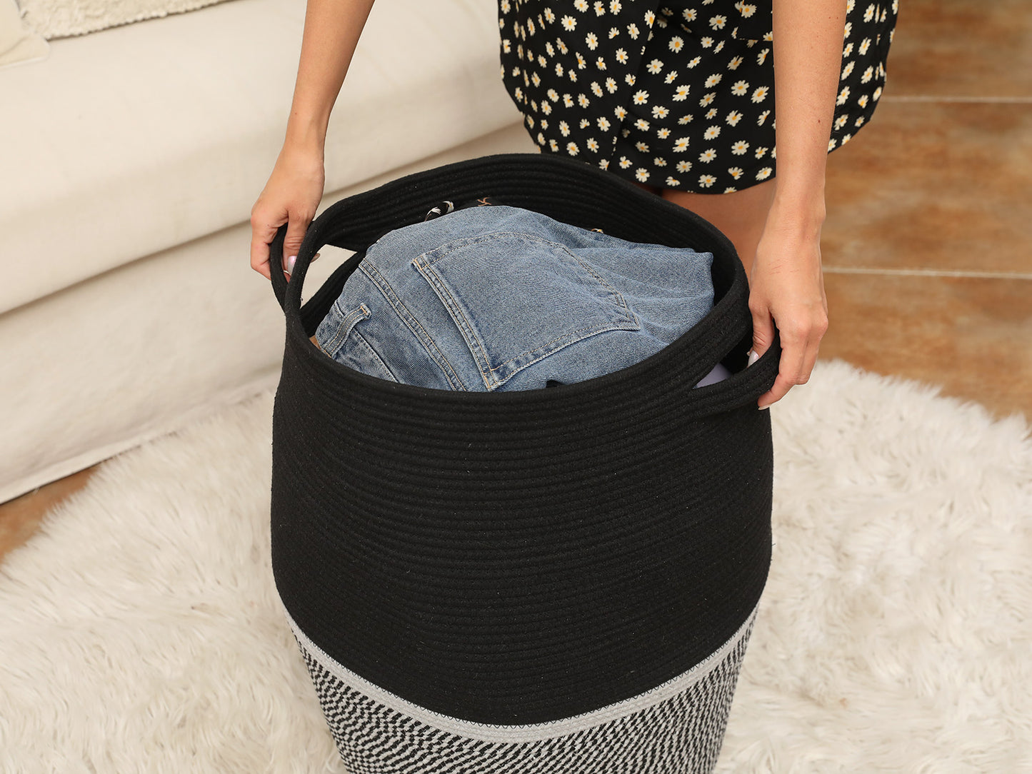 26" x 20" Large Tall Flagon Cotton Rope Storage Basket with Lid, Two Sides Black/Black Mix