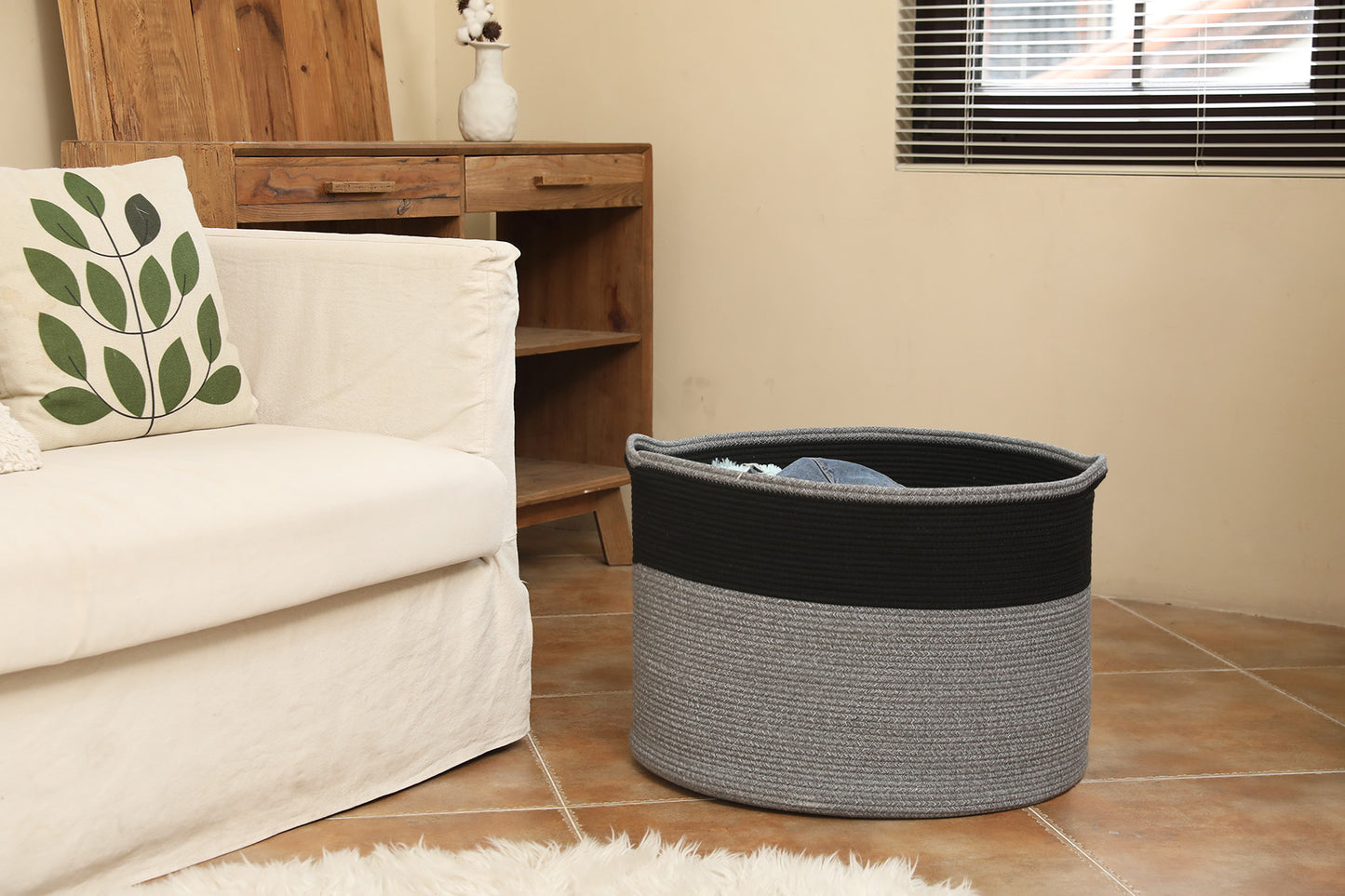 24" x 24" x 17" Mega Size Cotton Rope Storage Basket, Black in Grey Mix