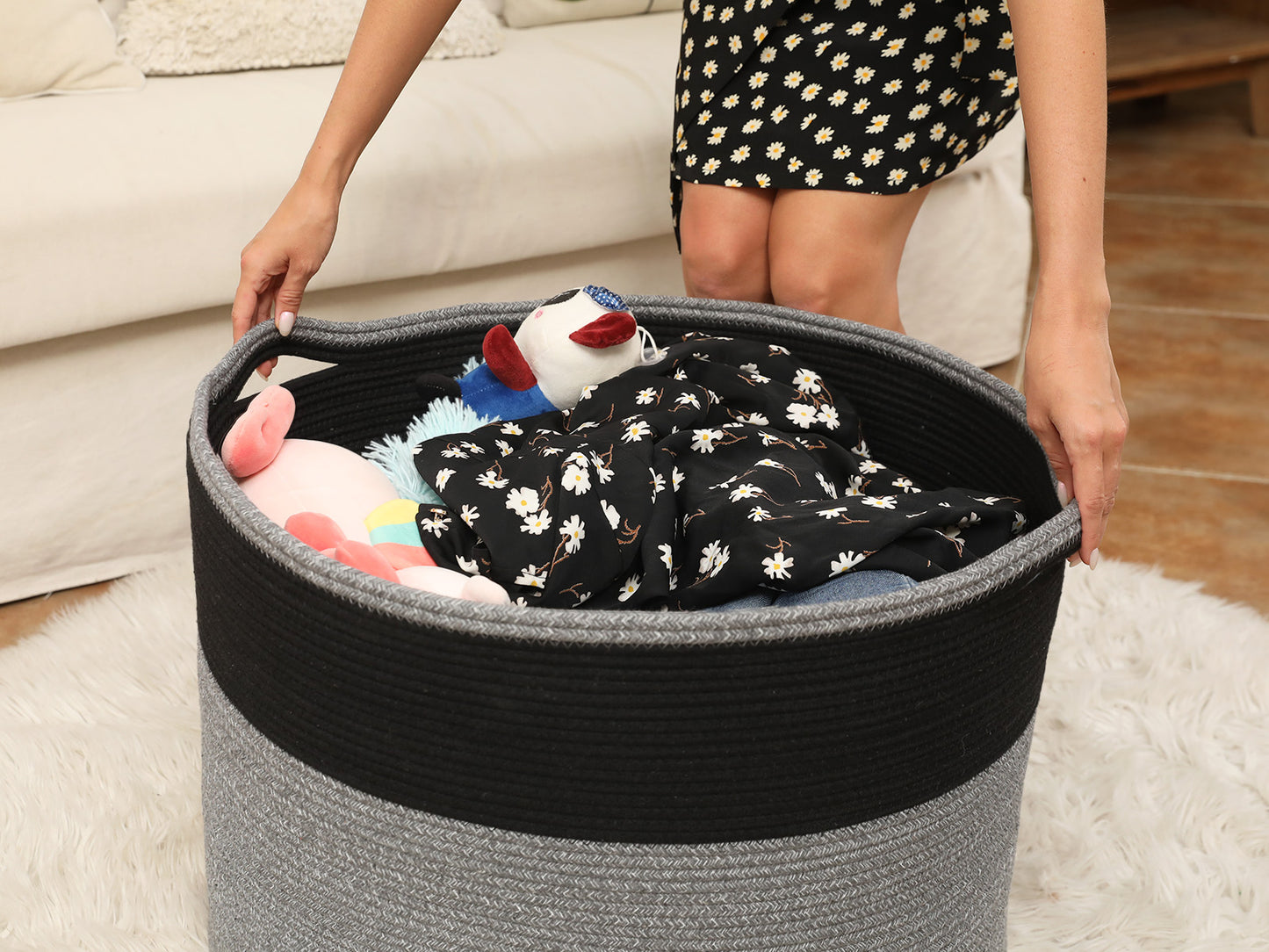 24" x 24" x 17" Mega Size Cotton Rope Storage Basket, Black in Grey Mix