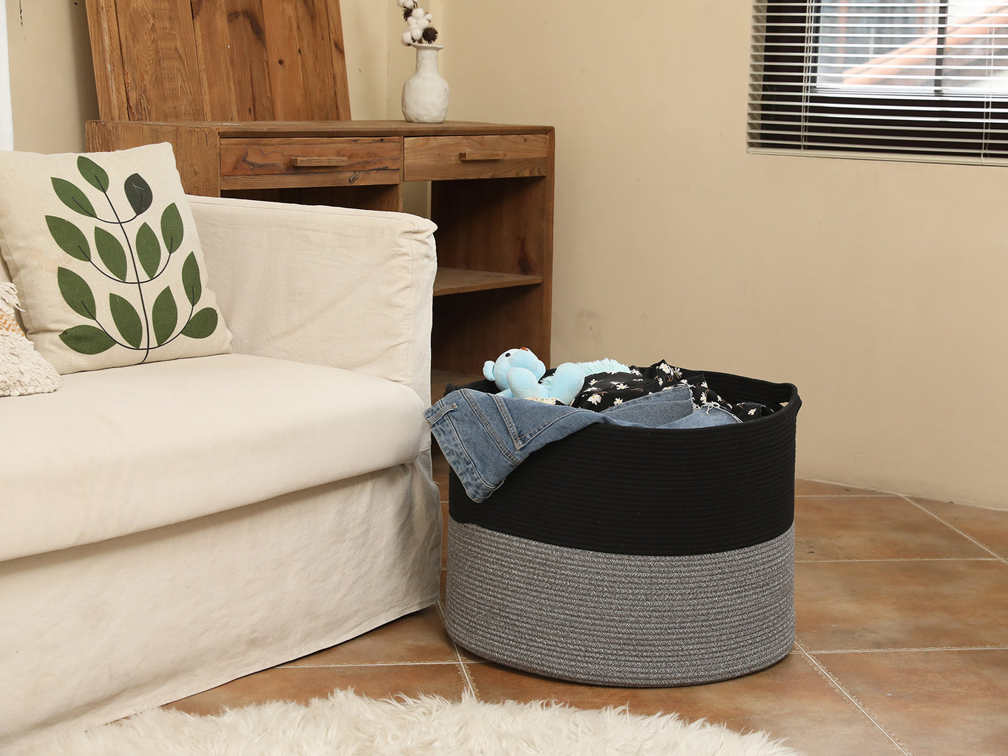 24" x 24" x 17" Mega Size Cotton Rope Storage Basket, Black/Grey Mix