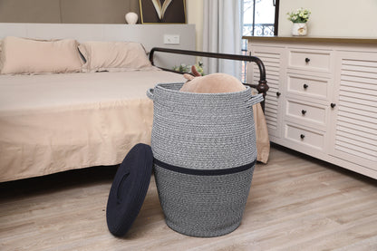 26" x 20" Large Tall Flagon Cotton Rope Storage Basket with Lid, Two Sides Dark Blue Mix