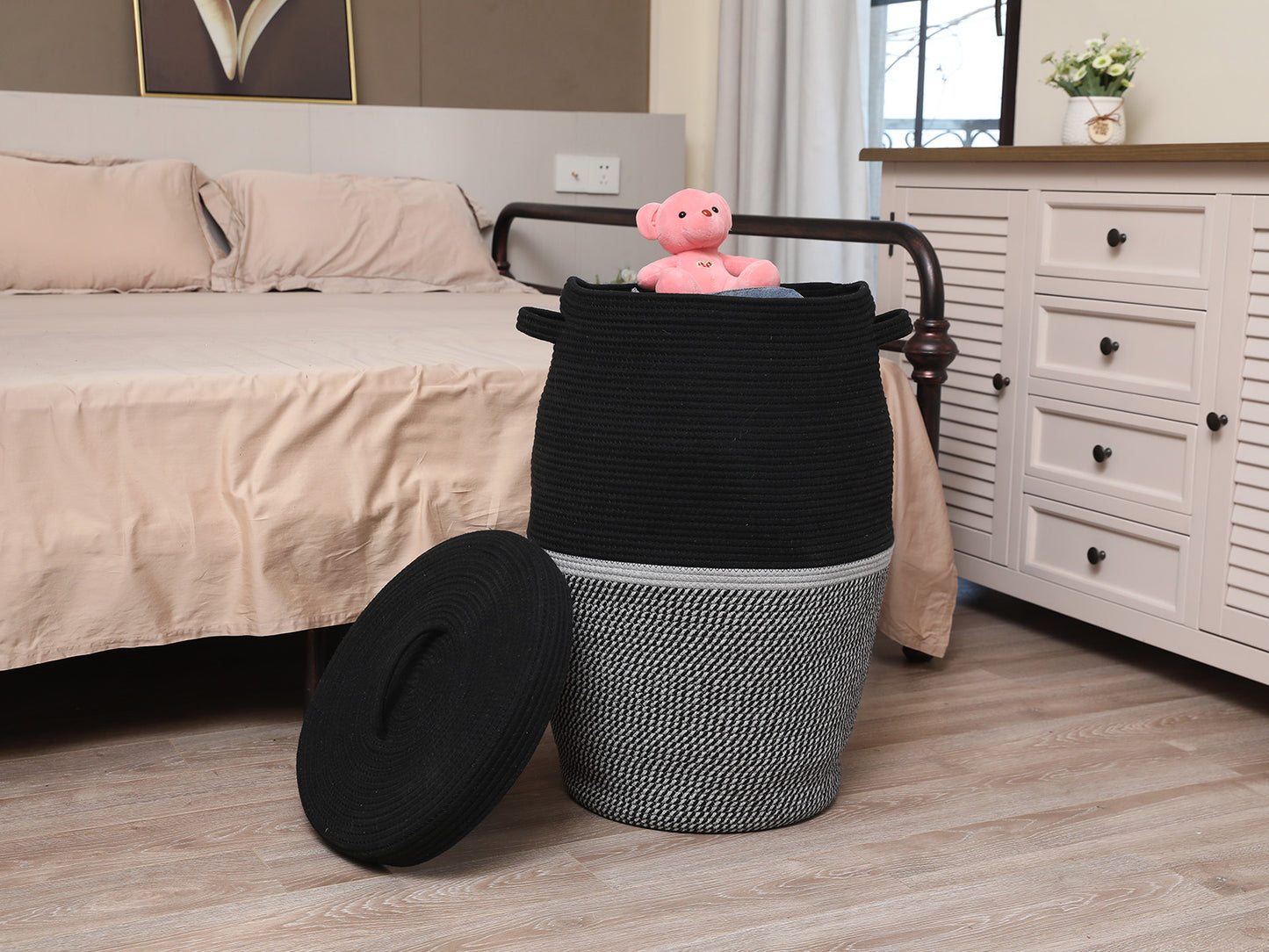 26" x 20" Large Tall Flagon Cotton Rope Storage Basket with Lid, Two Sides Black/Black Mix