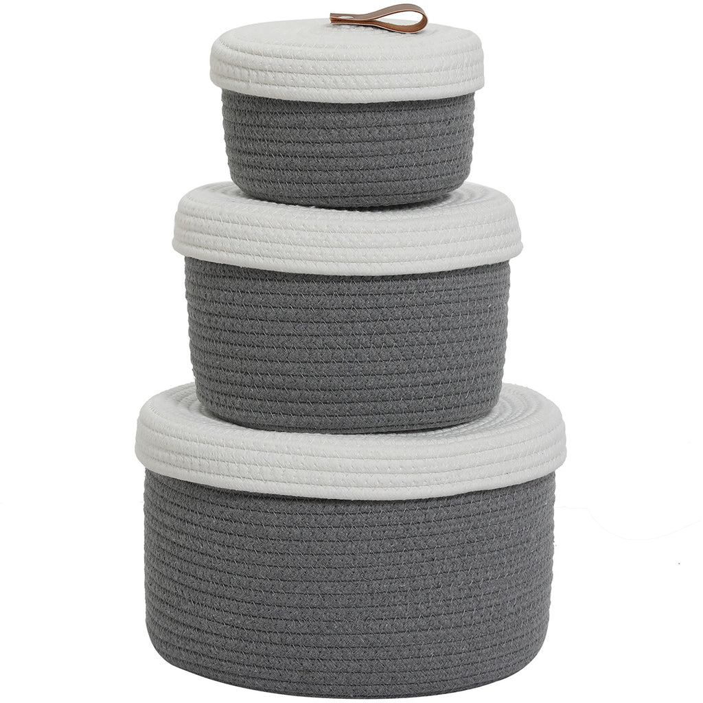 Set of 3 Round Cotton Rope Baskets with Lids - for Home Decor and Organisation, Grey/White Lid