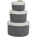 Set of 3 Round Cotton Rope Baskets with Lids - for Home Decor and Organisation, Grey/White Lid