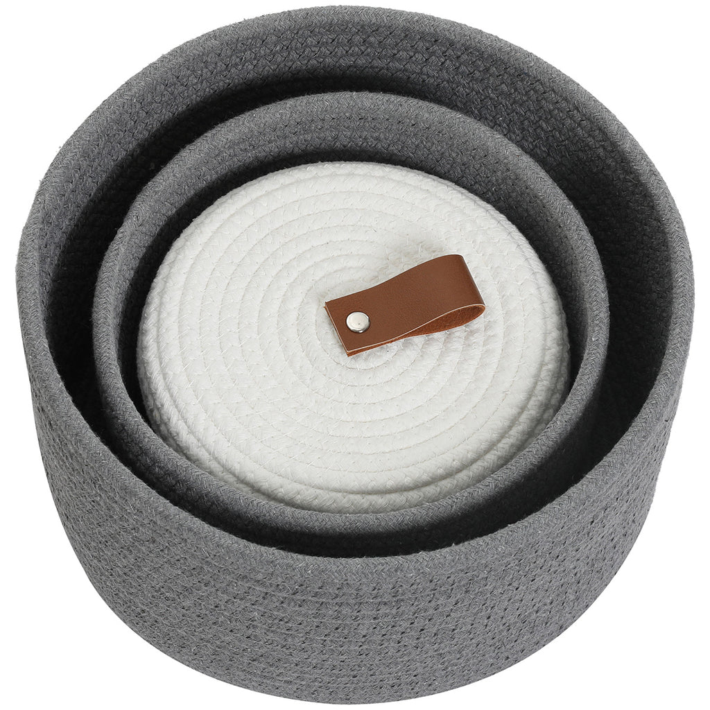 Set of 3 Round Cotton Rope Baskets with Lids - for Home Decor and Organisation, Grey/White Lid