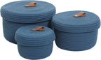 Set of 3 Round Cotton Rope Baskets with Lids - for Home Decor and Organisation, Dark Blue