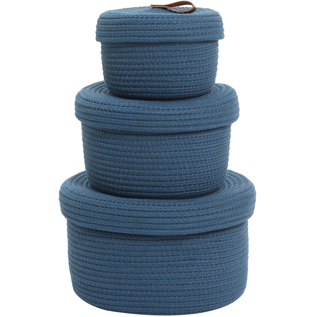 Set of 3 Round Cotton Rope Baskets with Lids - for Home Decor and Organisation, Dark Blue
