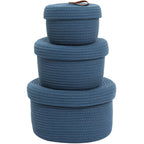Set of 3 Round Cotton Rope Baskets with Lids - for Home Decor and Organisation, Dark Blue