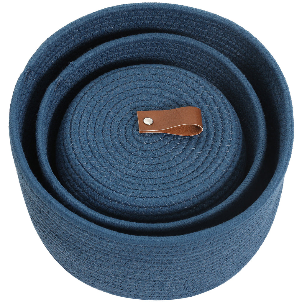 Set of 3 Round Cotton Rope Baskets with Lids - for Home Decor and Organisation, Dark Blue