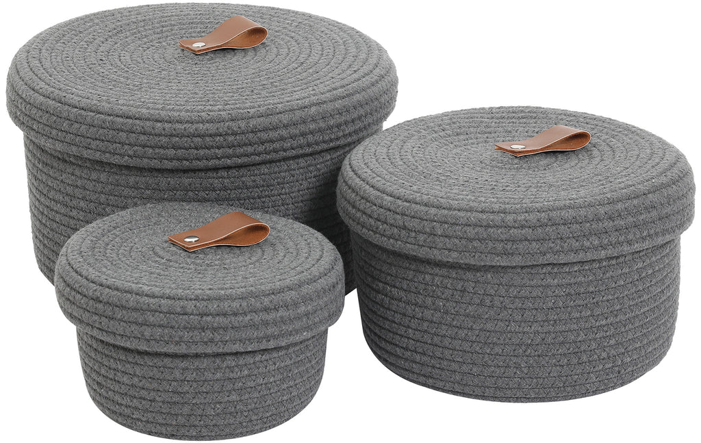 Set of 3 Round Cotton Rope Baskets with Lids - for Home Decor and Organisation, Dark Grey