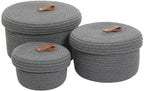 Set of 3 Round Cotton Rope Baskets with Lids - for Home Decor and Organisation, Dark Grey