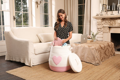 20" x 20" Extra Large Cotton Rope Storage Basket with Lid – Flagon Design – Perfect for Clothes, Blankets, and Living Room Organization - Pink Heart