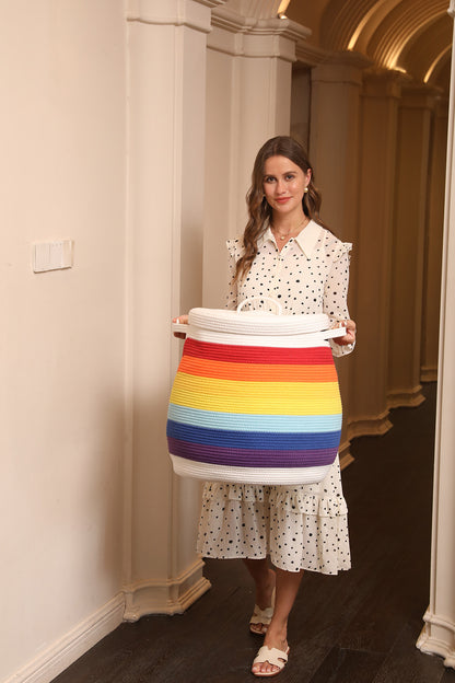 20" x 20" Extra Large Cotton Rope Storage Basket with Lid – Flagon Design – Perfect for Clothes, Blankets, and Living Room Organization - Rainbow/White