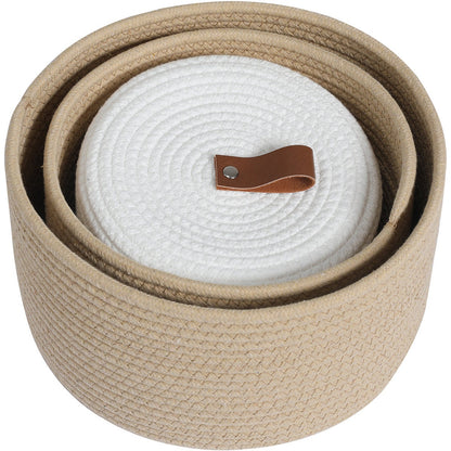 Set of 3 Round Cotton Rope Baskets with Lids - for Home Decor and Organisation, Beige/White Lid