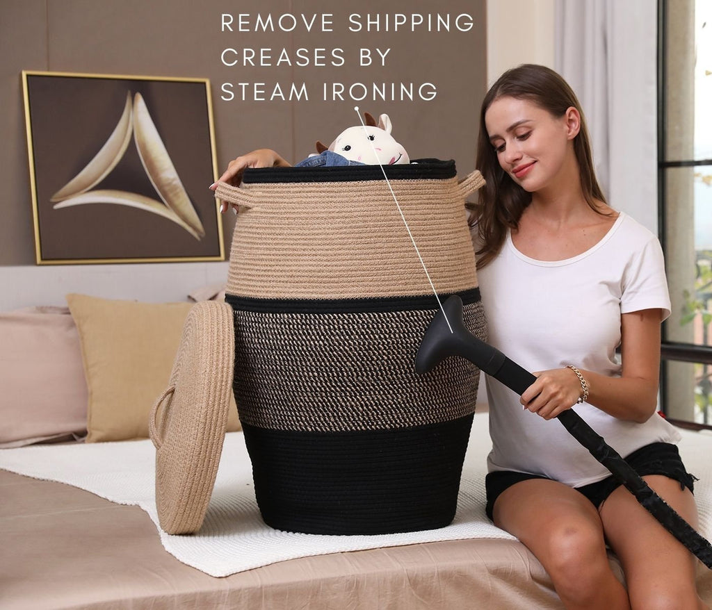 26" x 20" Large Tall Flagon Cotton Rope Storage Basket with Lid, Jute/Black Mix/Black