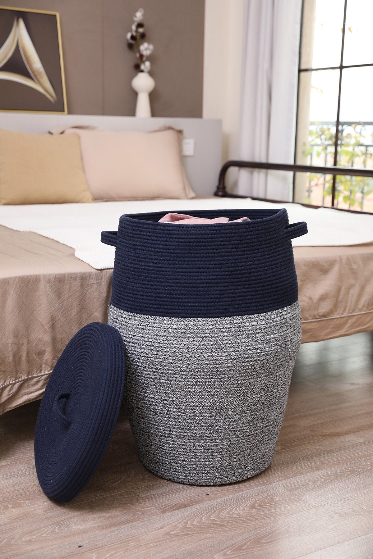 26" x 20" Large Tall Flagon Cotton Rope Storage Basket with Lid, All Dark Blue Mix