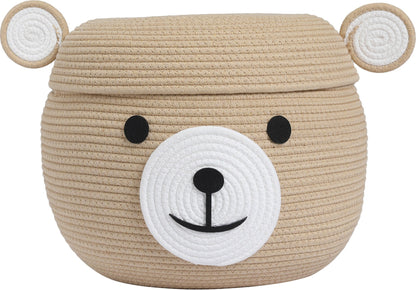 Handcrafted Animal Cotton Rope Basket with Lid | 15"x12", Beige Bear