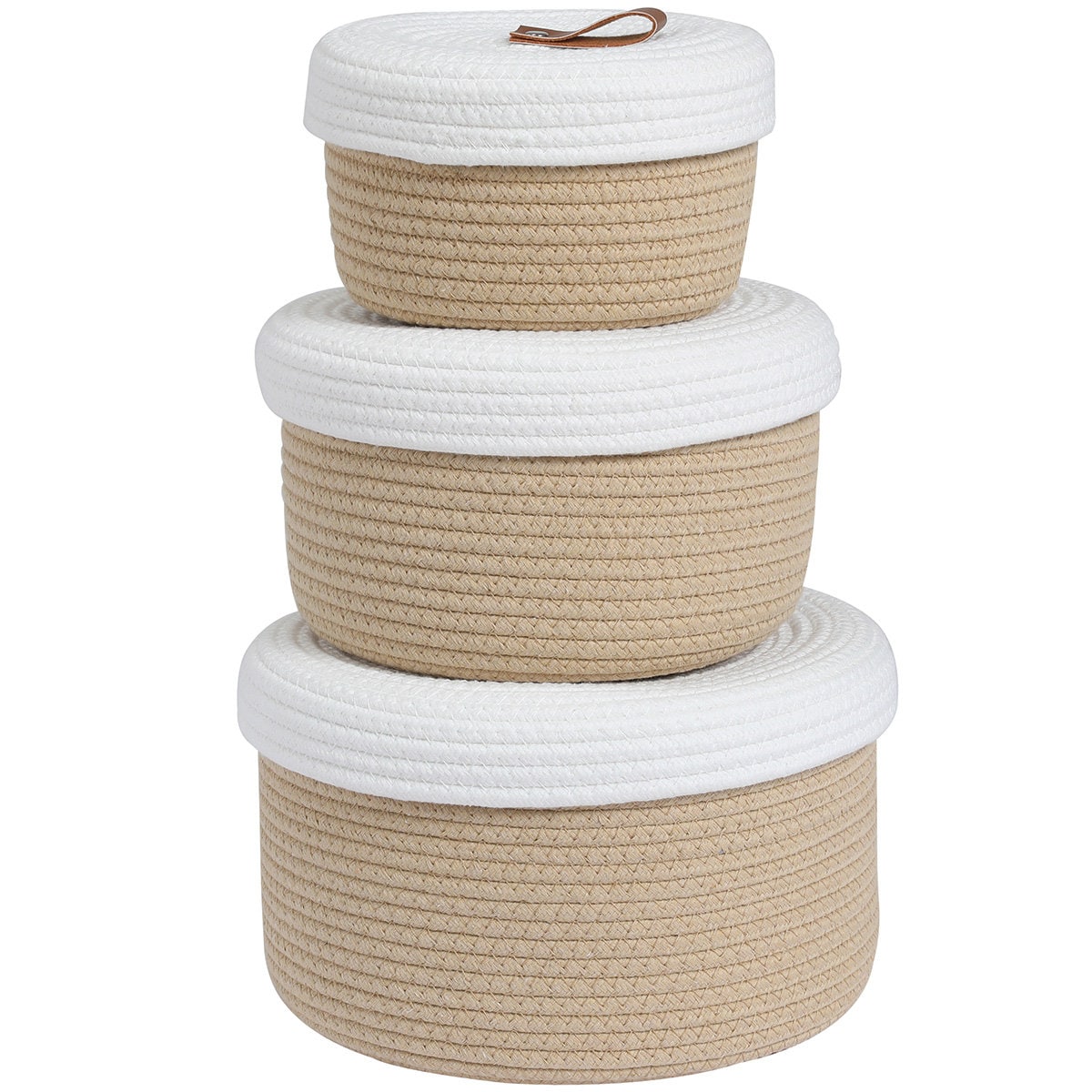 Set of 3 Round Cotton Rope Baskets with Lids - for Home Decor and Organisation, Beige/White Lid