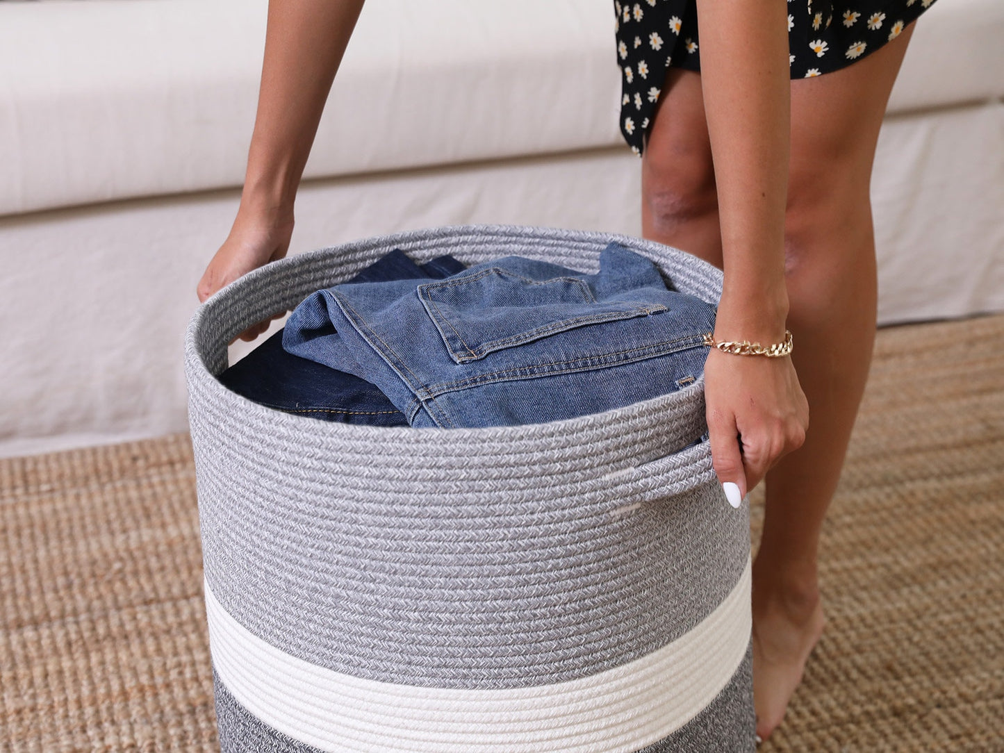 16" x 16" x 18" Large Cotton Rope Storage Basket with Lid, Dual Grey