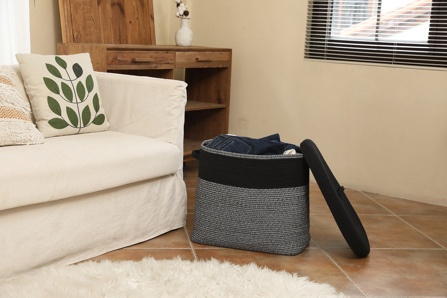 22”x14”x18” Rectangular Large Cotton Rope Storage Basket with Lid, Black in Black Grey Mix