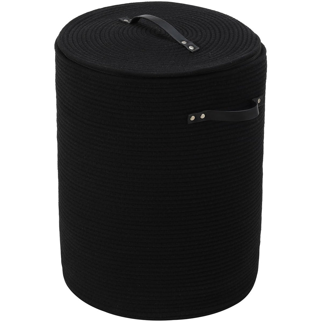 16"x20" Extra Large Cotton Rope Basket with Zipper Lid, Woven Laundry Hamper and Blanket Storage Basket, Round Clothes Bin for Living Room Bedroom, Black