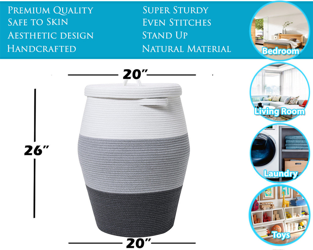 26" x 20" Large Tall Cotton Rope Storage Basket with Lid, Grey/Dark Grey