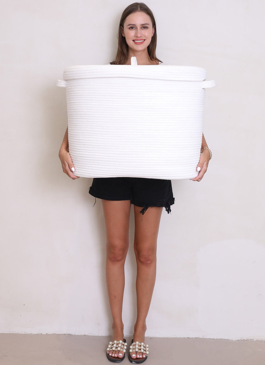 22”x14”x18” Rectangular Large Cotton Rope Storage Basket with Lid, All White