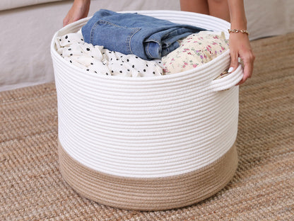 20" x 20" x 15" Large Jute Cotton Rope Storage Basket with Lid, White/Jute Bottom