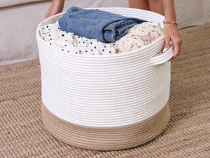 20" x 20" x 15" Extra Large Storage Basket with Lid, Cotton Rope Storage Baskets, Laundry Hamper, Toy Bin, White/Jute Bottom with Cover