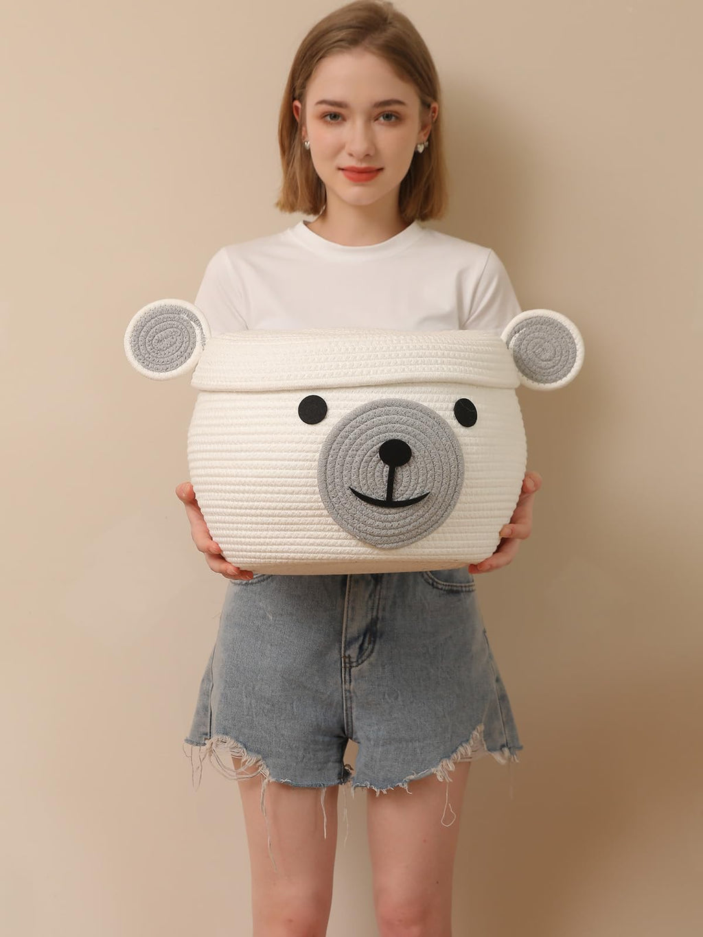 15x12 Inch Bear Hamper with Lid, Handcrafted Cotton Rope Animal Storage Basket, Woven Teddy Bear Bin for Kids Bedroom Playroom, White